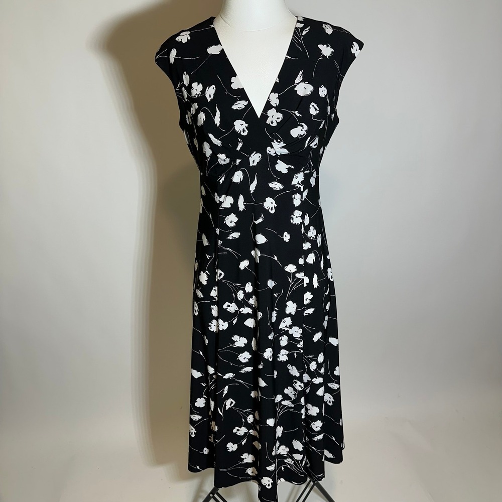 Anne Klein Black White Floral Cap Sleeve V-Neck Midi Dress Womens Size 6 Career